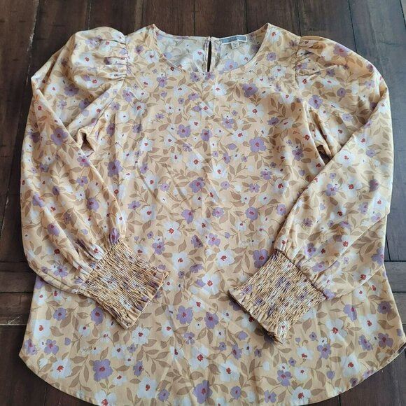Pleione Tops - Pleione Floral Long-Sleeve Blouse With Shirred Cuffs Size M